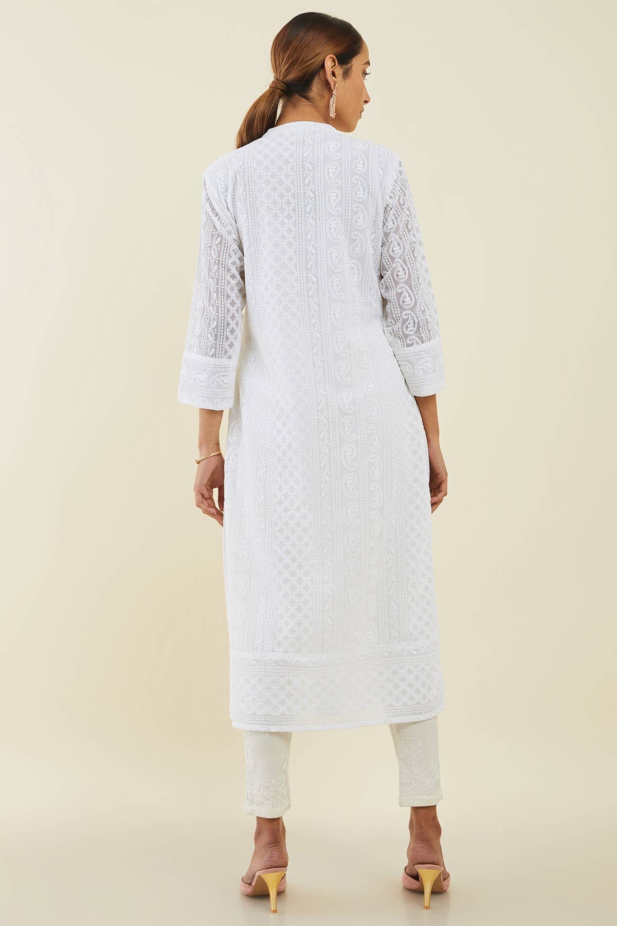 Off White Georgette Straight Kurta With Self Embroidered Designs - Image 3