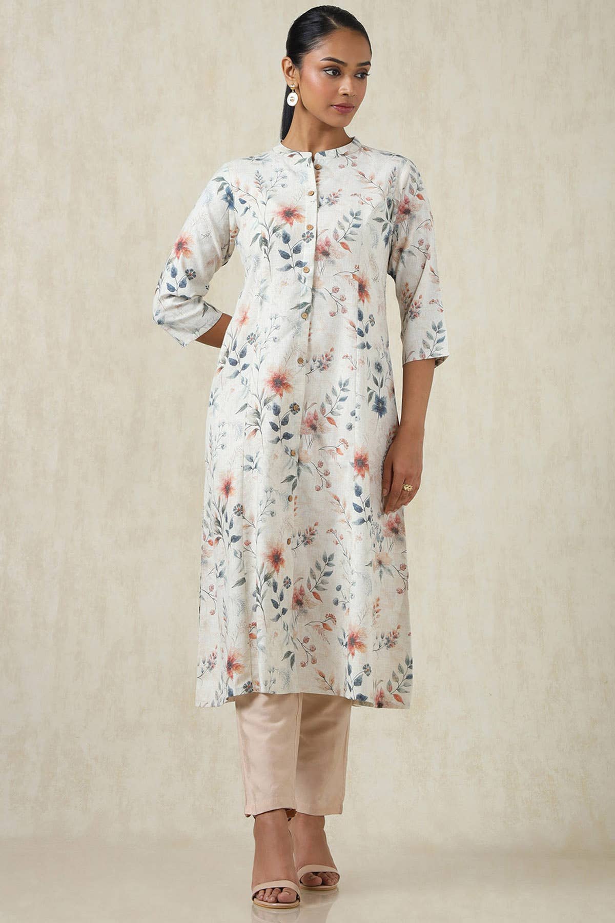 Beige Linen Botanical Print Kurta - Image 4