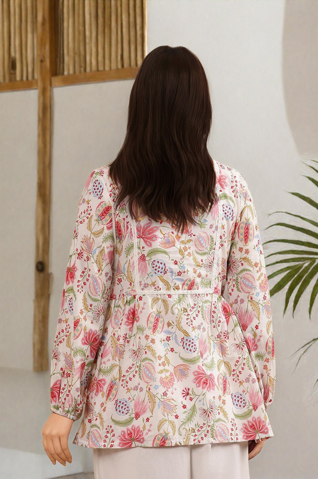 White Floral Printed Pure Cotton Top And Parallel Pants Set - Image 9