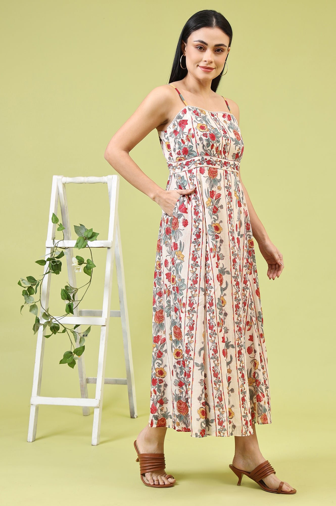 Off-White Vibrant Floral Printed Pure Cotton Flared Spaghetti Dress - Image 6