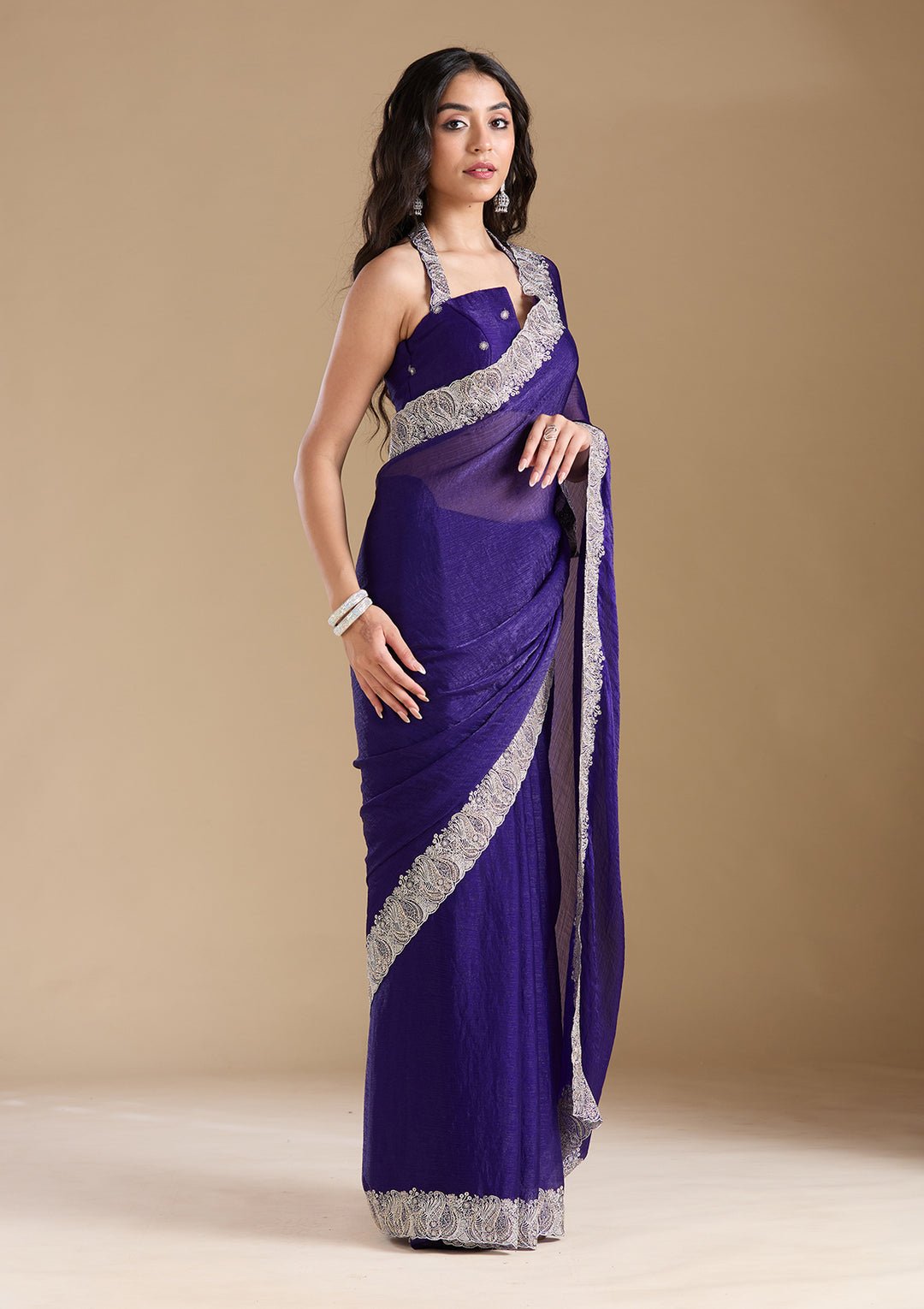 Violet Zariwork (Silver) Chiffon Saree - Image 4