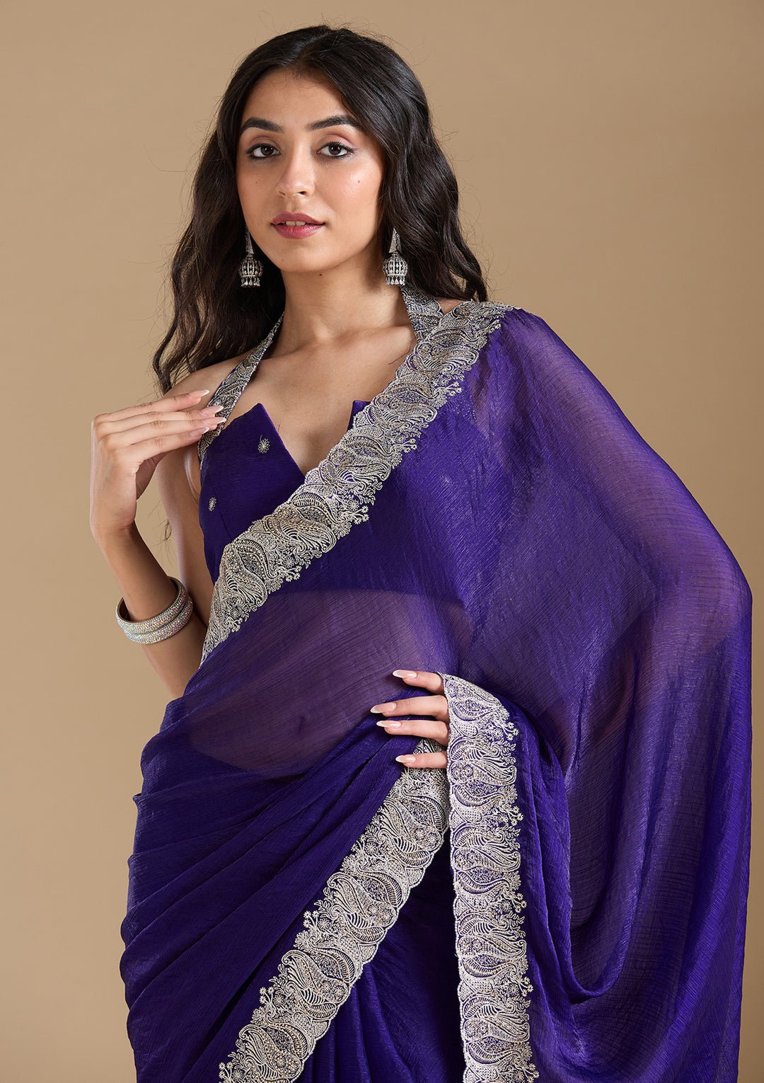 Violet Zariwork (Silver) Chiffon Saree - Image 5