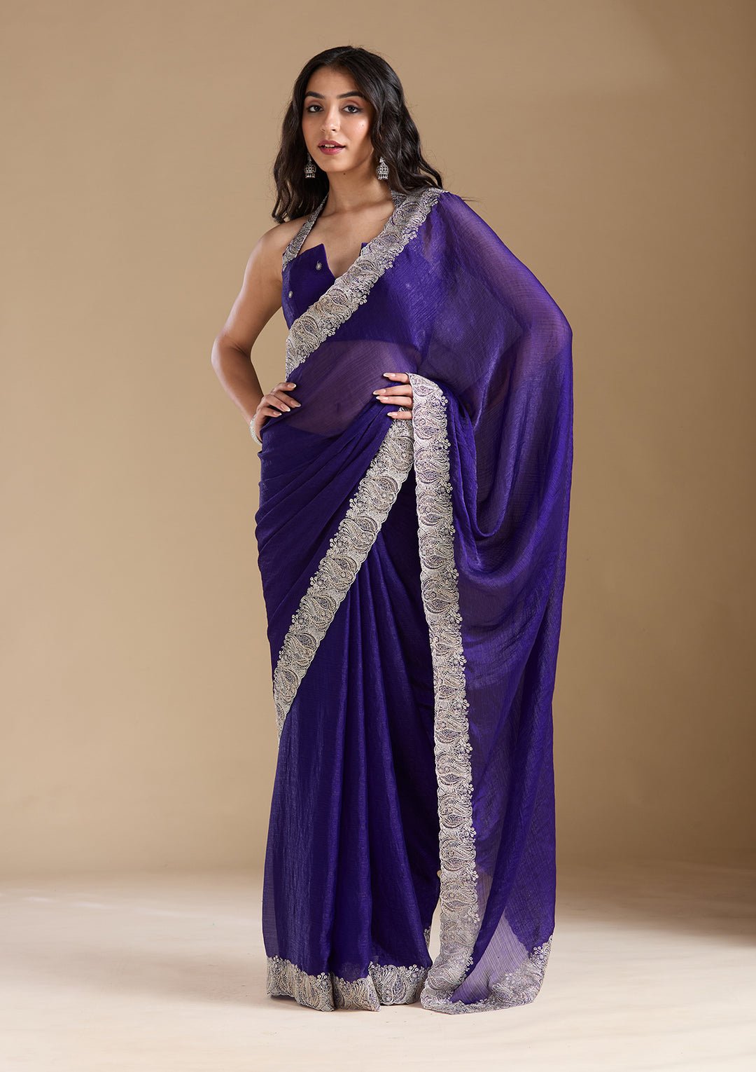 Violet Zariwork (Silver) Chiffon Saree - Image 7